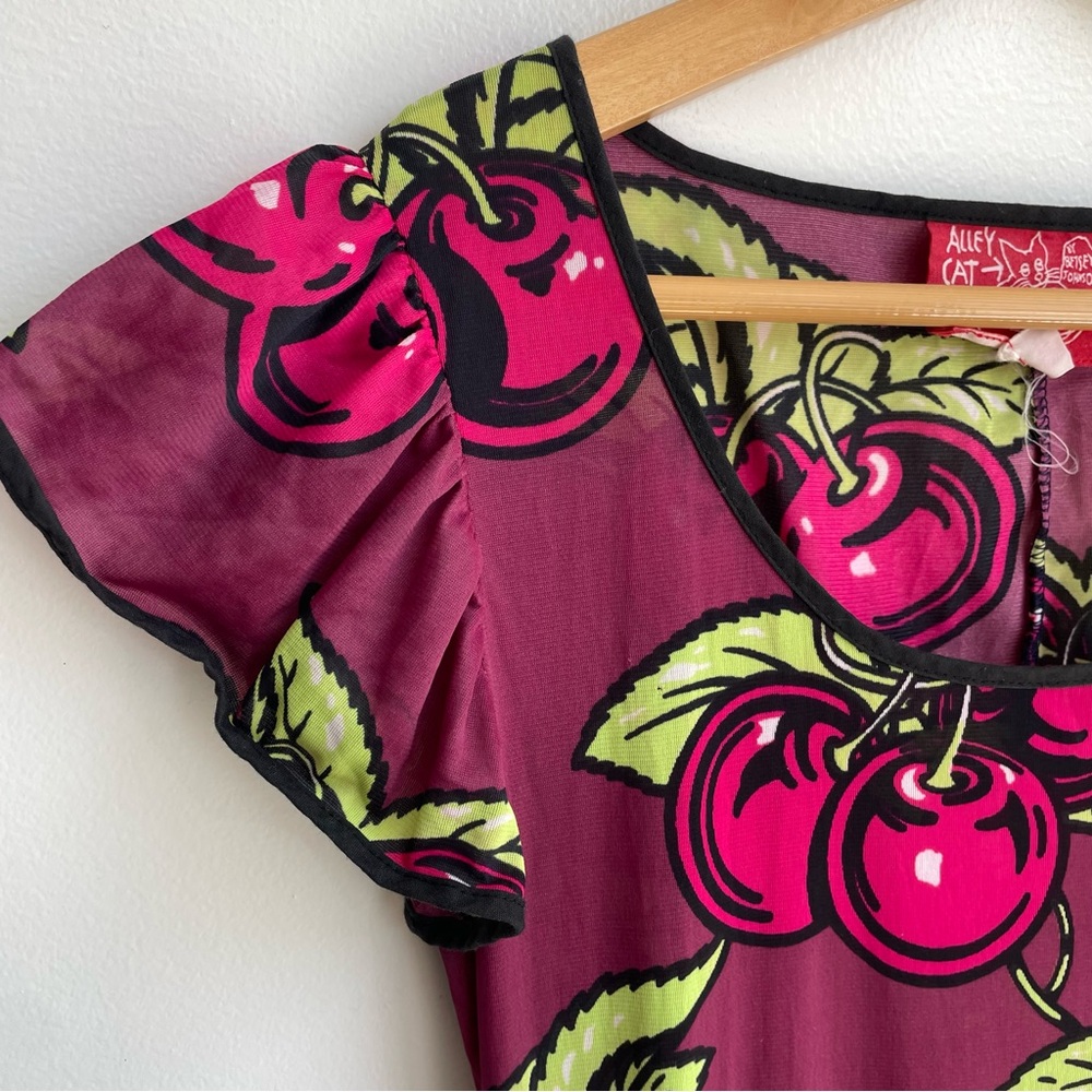 Vintage 1970s Betsey Johnson Alley Cat Cherry Print Dress - Picture 2 of 8